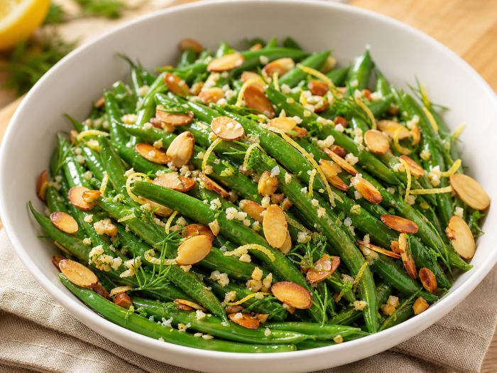 Haricots verts sautés aux amandes effilées dorées, présentés dans un bol blanc, accompagnement cétogène