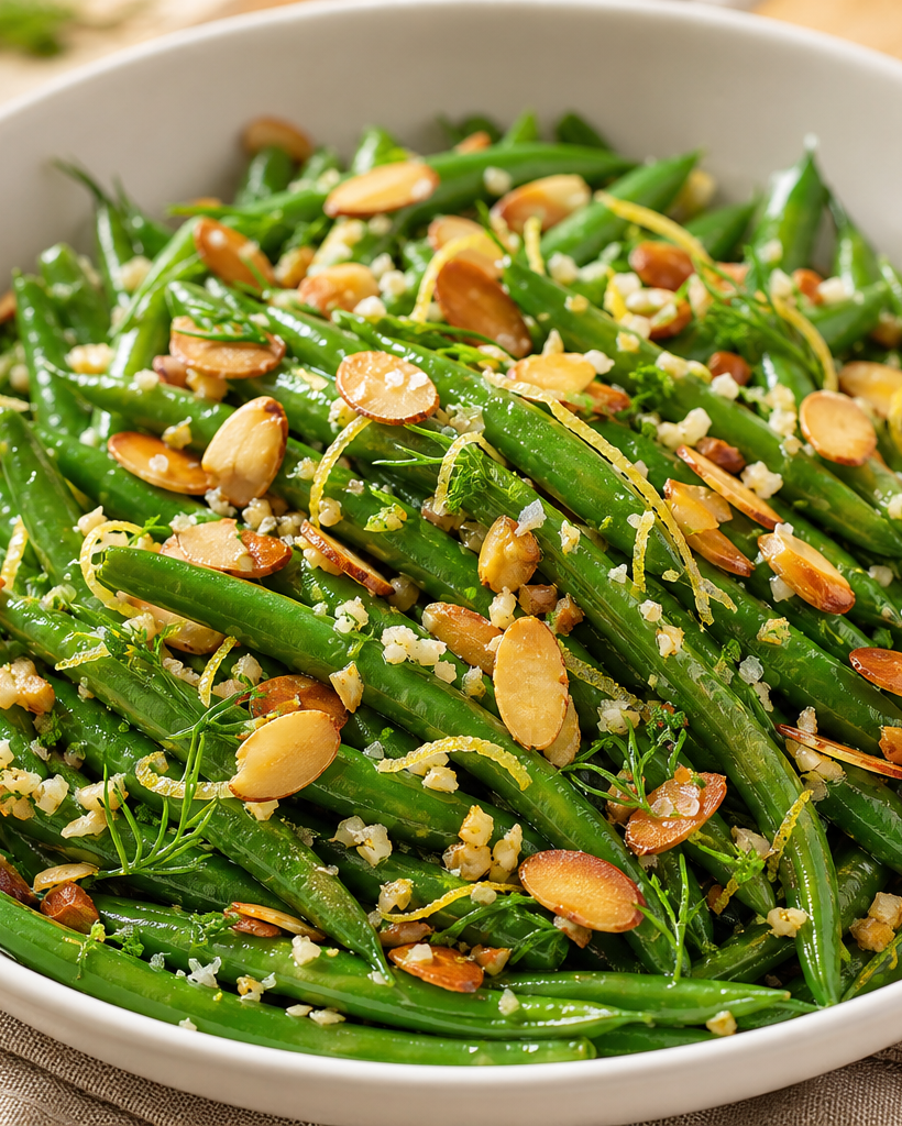 Haricots verts sautés aux amandes effilées dorées, présentés dans un bol blanc, accompagnement cétogène