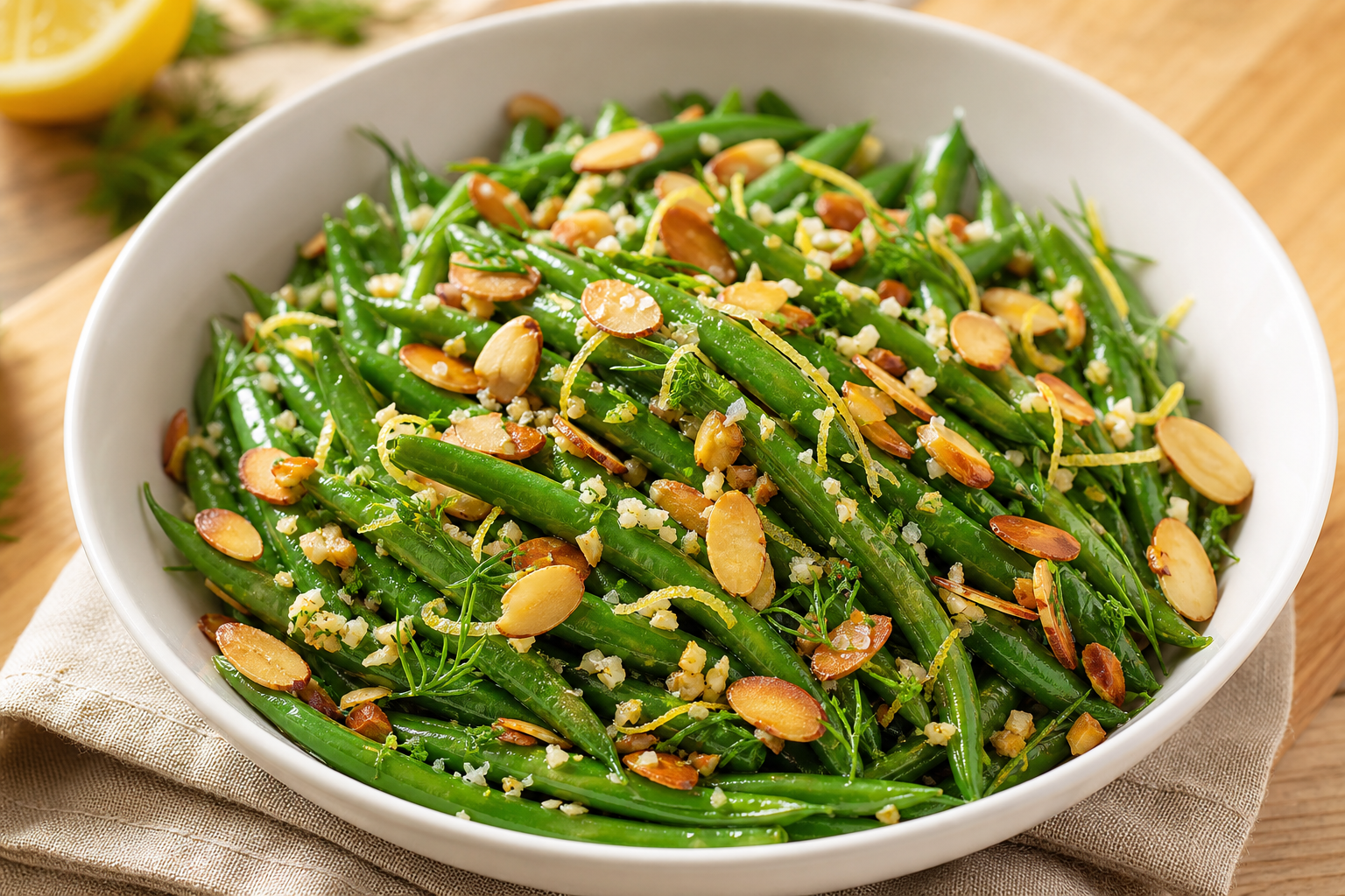 Haricots verts sautés aux amandes effilées dorées, présentés dans un bol blanc, accompagnement cétogène
