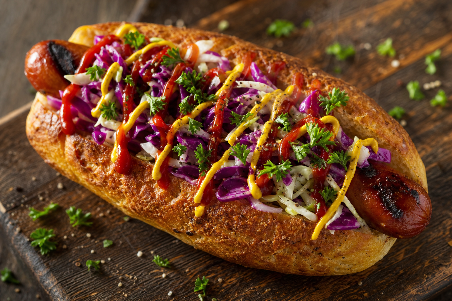 Hot dog cétogène sur planche en bois, pain doré, saucisse, coleslaw au chou rouge et blanc, ketchup et moutarde