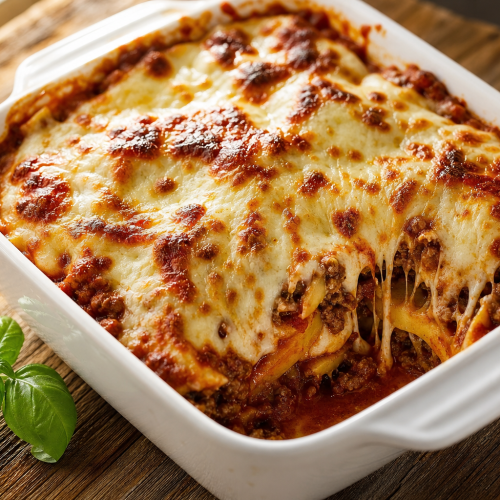 Lasagnes cétogènes dans un plat en céramique, avec du fromage gratiné et une sauce bolognaise visible en couches.