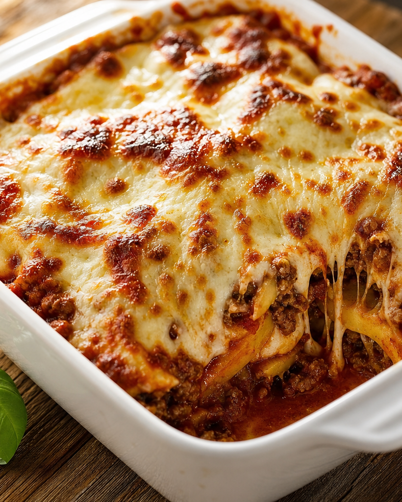 Lasagnes cétogènes dans un plat en céramique, avec du fromage gratiné et une sauce bolognaise visible en couches.