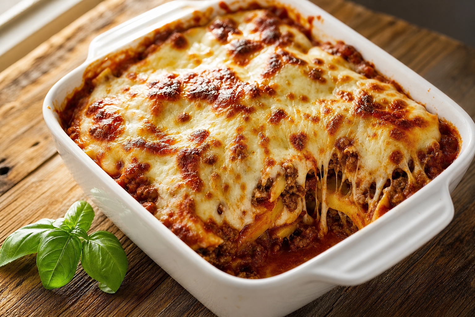 Lasagnes cétogènes dans un plat en céramique, avec du fromage gratiné et une sauce bolognaise visible en couches.