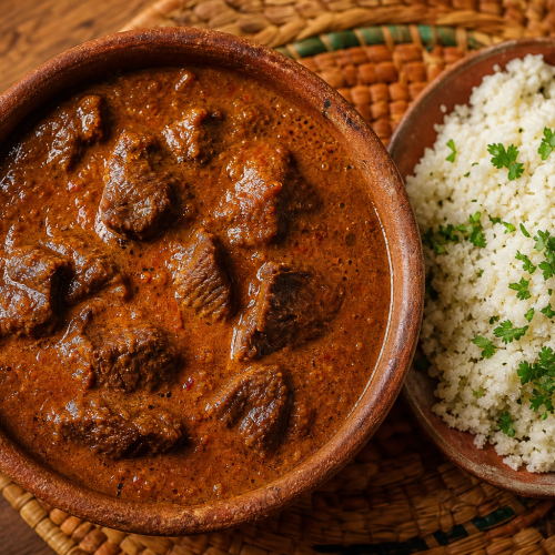 Bol en terre cuite contenant un mafé kéto au bœuf, sauce épaisse au beurre de cacahuète, accompagné de riz de chou-fleur