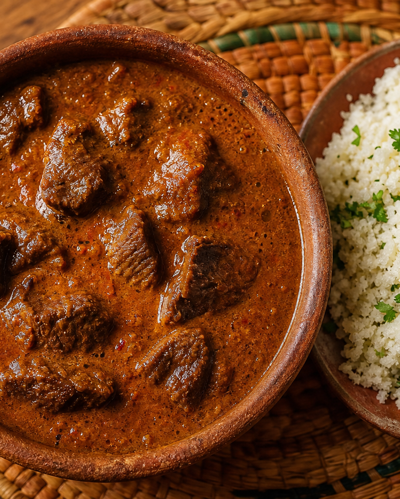 Bol en terre cuite contenant un mafé kéto au bœuf, sauce épaisse au beurre de cacahuète, accompagné de riz de chou-fleur