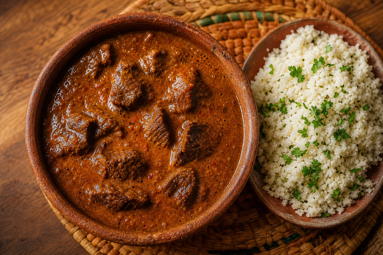 Bol en terre cuite contenant un mafé kéto au bœuf, sauce épaisse au beurre de cacahuète, accompagné de riz de chou-fleur