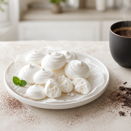 Meringues sans sucre, blanches et croustillantes, sur une assiette blanche avec une tasse de café noir