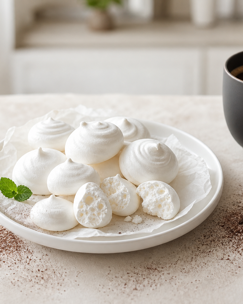 Meringues sans sucre, blanches et croustillantes, sur une assiette blanche avec une tasse de café noir