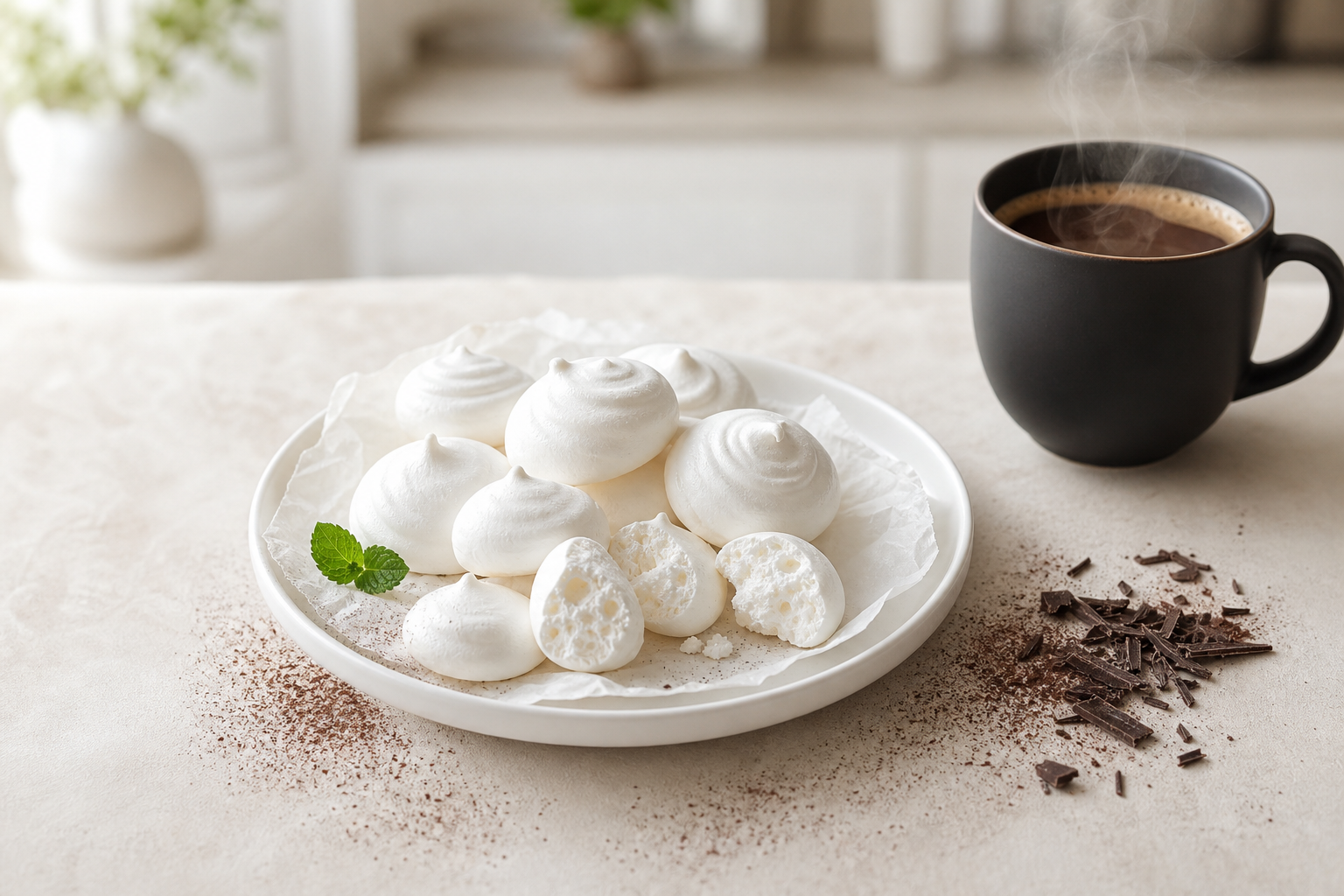 Meringues sans sucre, blanches et croustillantes, sur une assiette blanche avec une tasse de café noir