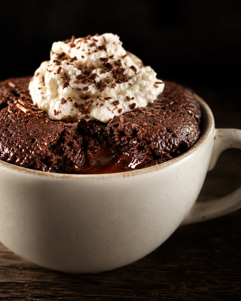 Mug cake au chocolat cétogène avec crème fouettée et copeaux de chocolat dans une tasse blanche sur une table en bois