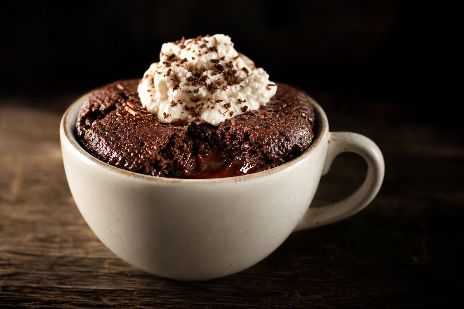 Mug cake au chocolat cétogène avec crème fouettée et copeaux de chocolat dans une tasse blanche sur une table en bois