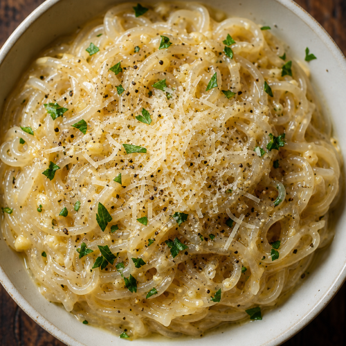 Bol de nouilles shirataki (pâtes de konjac) avec une sauce crémeuse au parmesan et à l'ail, présenté sur une table en bois