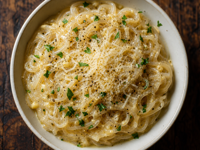 Bol de nouilles shirataki (pâtes de konjac) avec une sauce crémeuse au parmesan et à l'ail, présenté sur une table en bois
