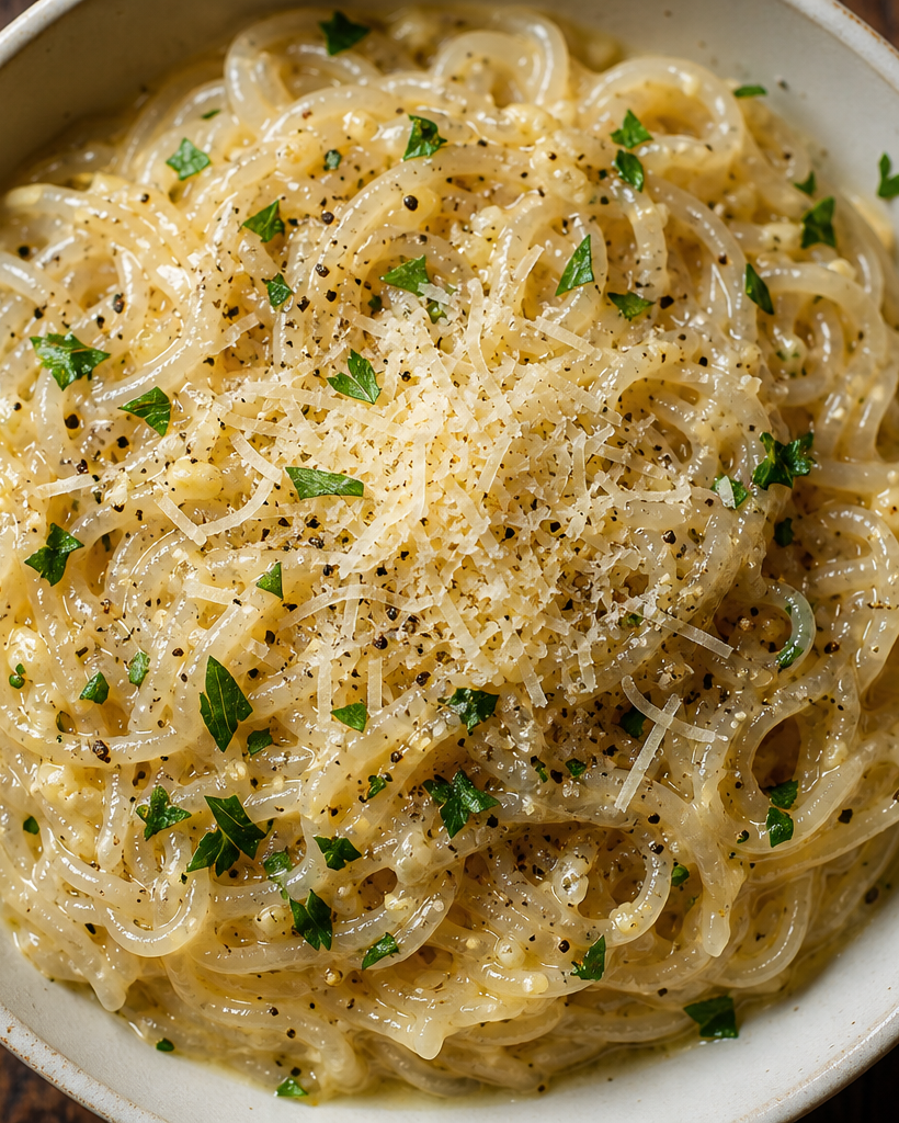 Bol de nouilles shirataki (pâtes de konjac) avec une sauce crémeuse au parmesan et à l'ail, présenté sur une table en bois