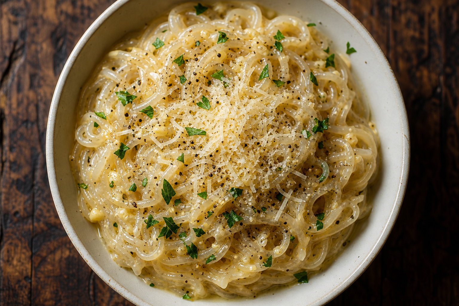Bol de nouilles shirataki (pâtes de konjac) avec une sauce crémeuse au parmesan et à l'ail, présenté sur une table en bois