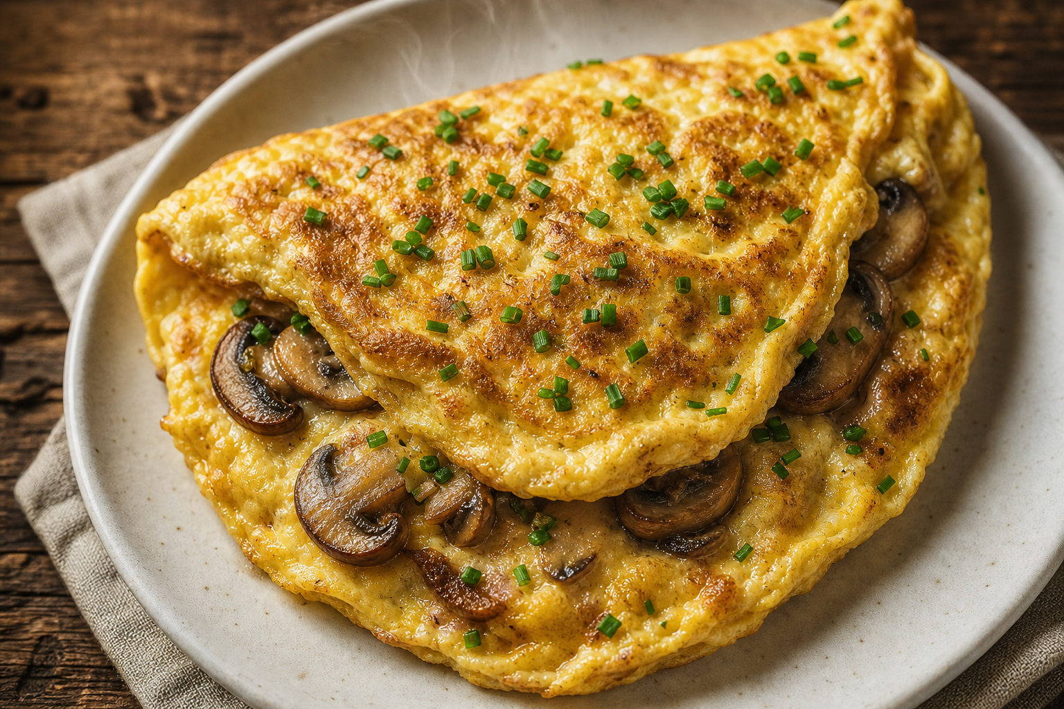 Omelette aux champignons dorée et moelleuse, garnie de ciboulette, servie sur une assiette blanche. Style rustique et