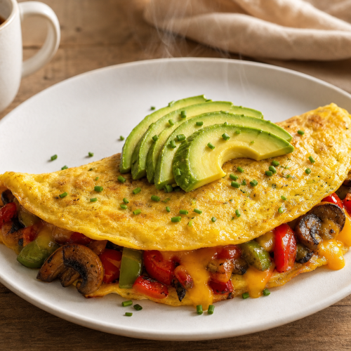 Omelette aux légumes cétogène, repliée, garnie de légumes sautés, fromage fondu et tranches d’avocat.