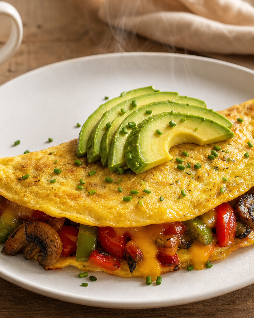 Omelette aux légumes cétogène, repliée, garnie de légumes sautés, fromage fondu et tranches d’avocat.