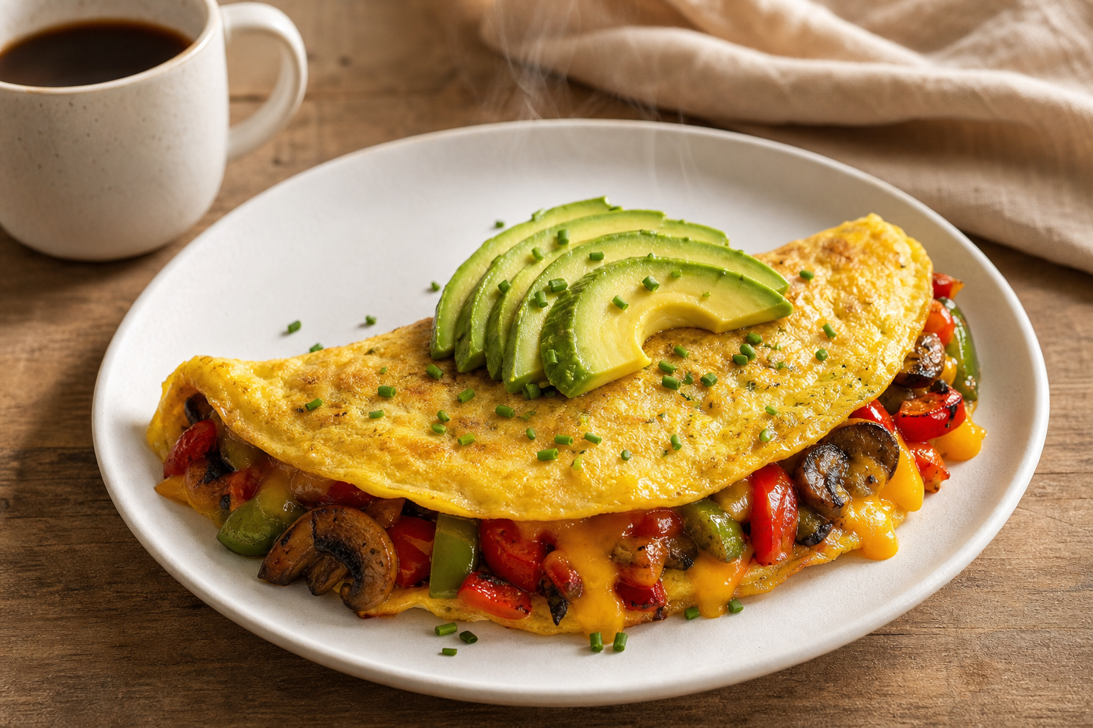 Omelette aux légumes cétogène, repliée, garnie de légumes sautés, fromage fondu et tranches d’avocat.