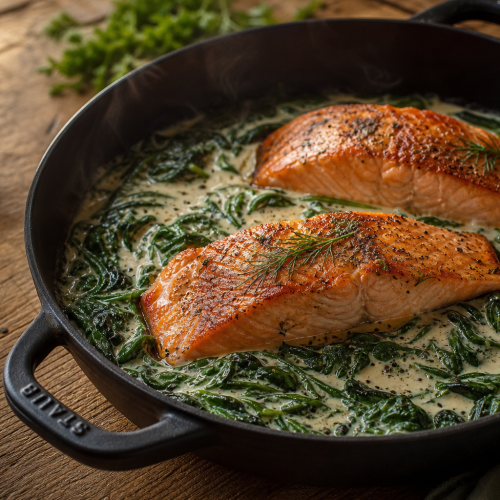 Plat one-pot de saumon aux épinards et mascarpone servi dans une casserole en fonte, prêt à être dégusté.