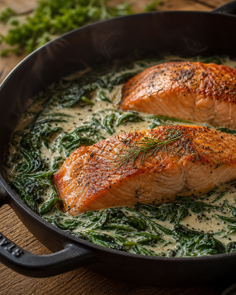 Plat one-pot de saumon aux épinards et mascarpone servi dans une casserole en fonte, prêt à être dégusté.