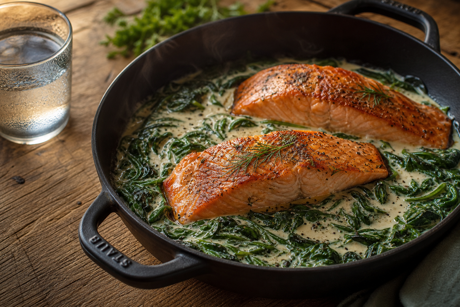 Plat one-pot de saumon aux épinards et mascarpone servi dans une casserole en fonte, prêt à être dégusté.