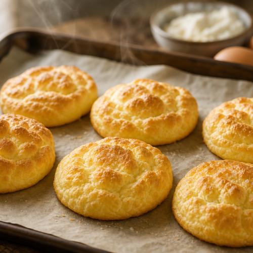 Six disques de pain nuage dorés sur une plaque de cuisson, recette keto sans farine ni sucre