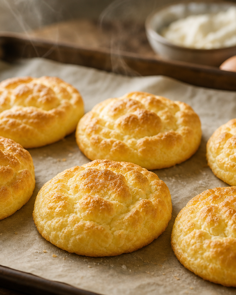 Six disques de pain nuage dorés sur une plaque de cuisson, recette keto sans farine ni sucre