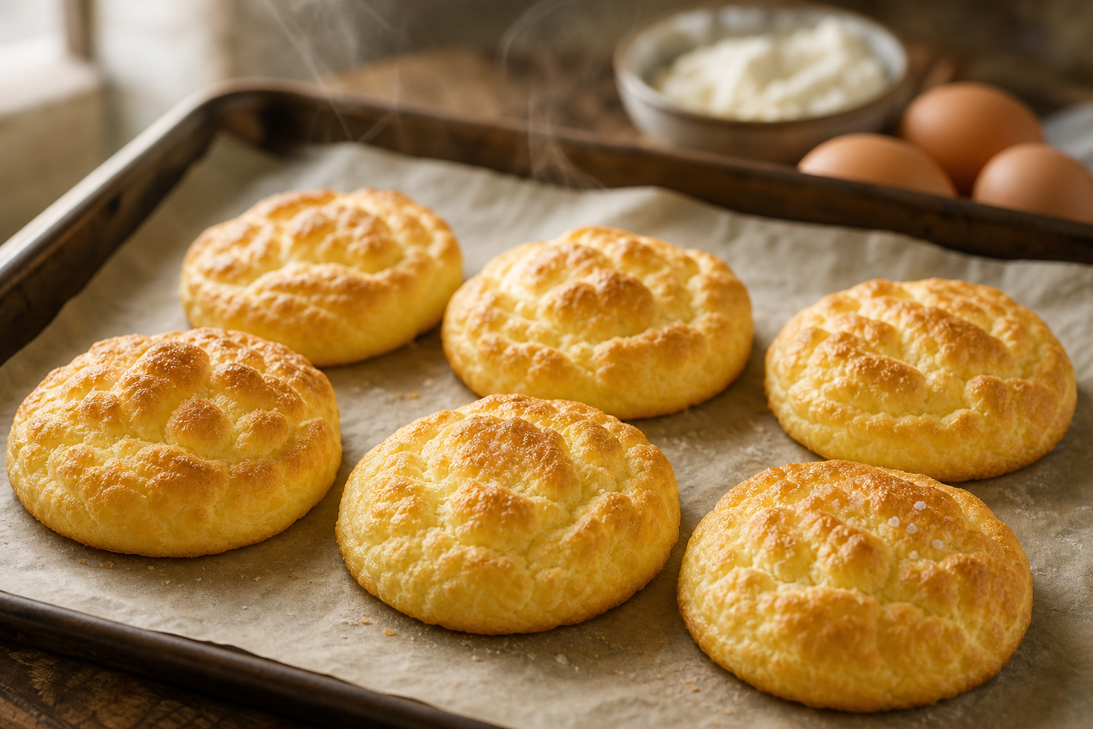 Six disques de pain nuage dorés sur une plaque de cuisson, recette keto sans farine ni sucre
