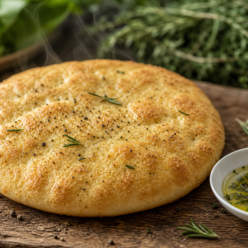 Pain pita cétogène doré posé sur une planche en bois avec huile d'olive et herbes fraîches, recette keto