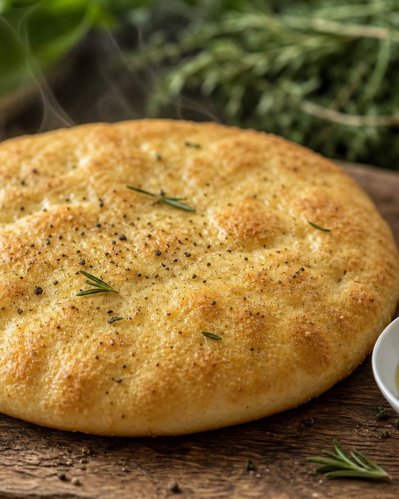 Pain pita cétogène doré posé sur une planche en bois avec huile d'olive et herbes fraîches, recette keto