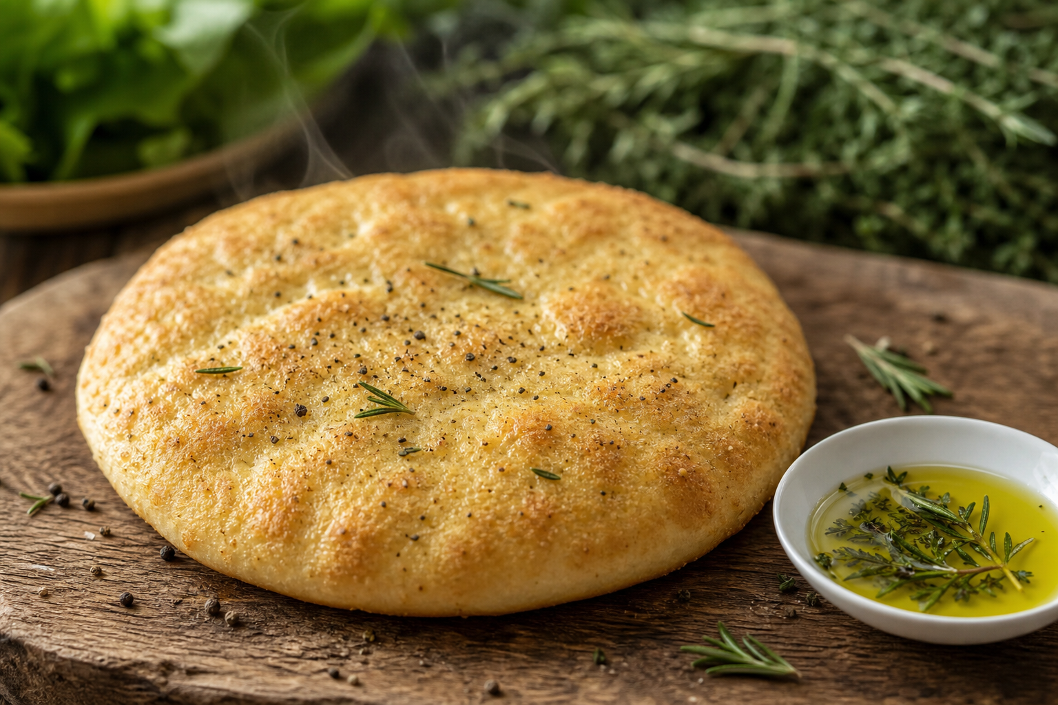 Pain pita cétogène doré posé sur une planche en bois avec huile d'olive et herbes fraîches, recette keto