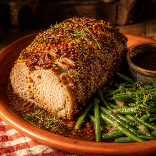 Palette de porc à la moutarde, cuite au four, servie avec des haricots verts et une sauce, sur un plat en terre cuite.