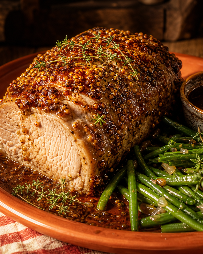 Palette de porc à la moutarde, cuite au four, servie avec des haricots verts et une sauce, sur un plat en terre cuite.