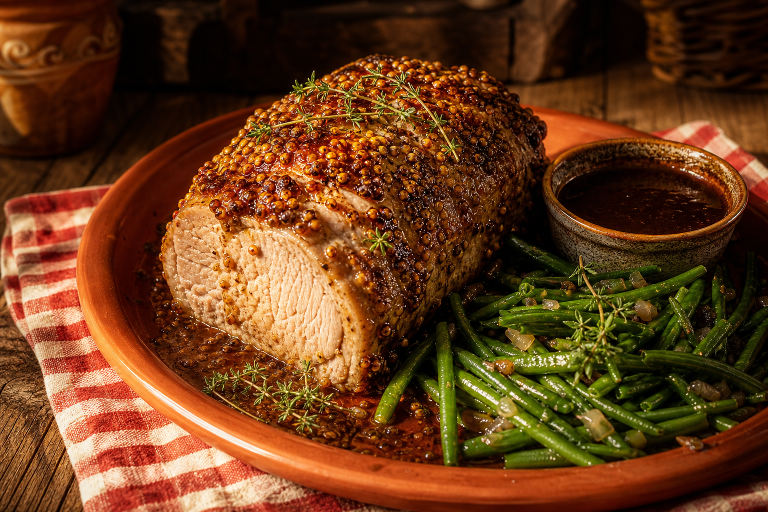 Palette de porc à la moutarde, cuite au four, servie avec des haricots verts et une sauce, sur un plat en terre cuite.