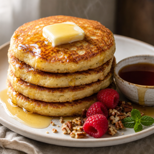 Pile de pancakes cétogènes dorés avec du beurre fondant, servis sur une assiette blanche avec framboises et sirop sans sucre