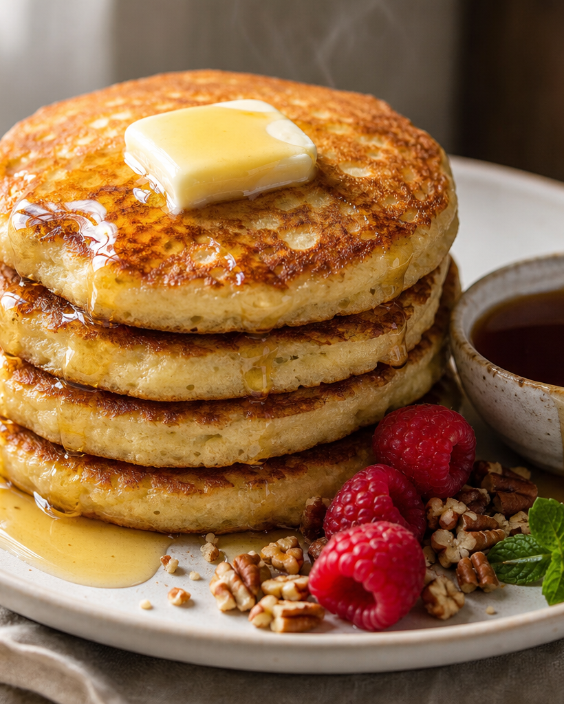 Pile de pancakes cétogènes dorés avec du beurre fondant, servis sur une assiette blanche avec framboises et sirop sans sucre