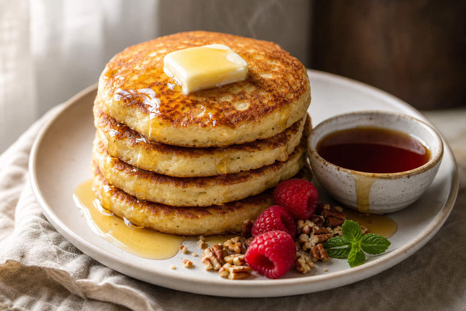 Pile de pancakes cétogènes dorés avec du beurre fondant, servis sur une assiette blanche avec framboises et sirop sans sucre