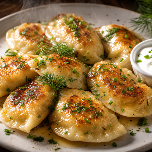 Pierogi cétogènes dorés au beurre, servis dans une assiette blanche, décorés de persil frais