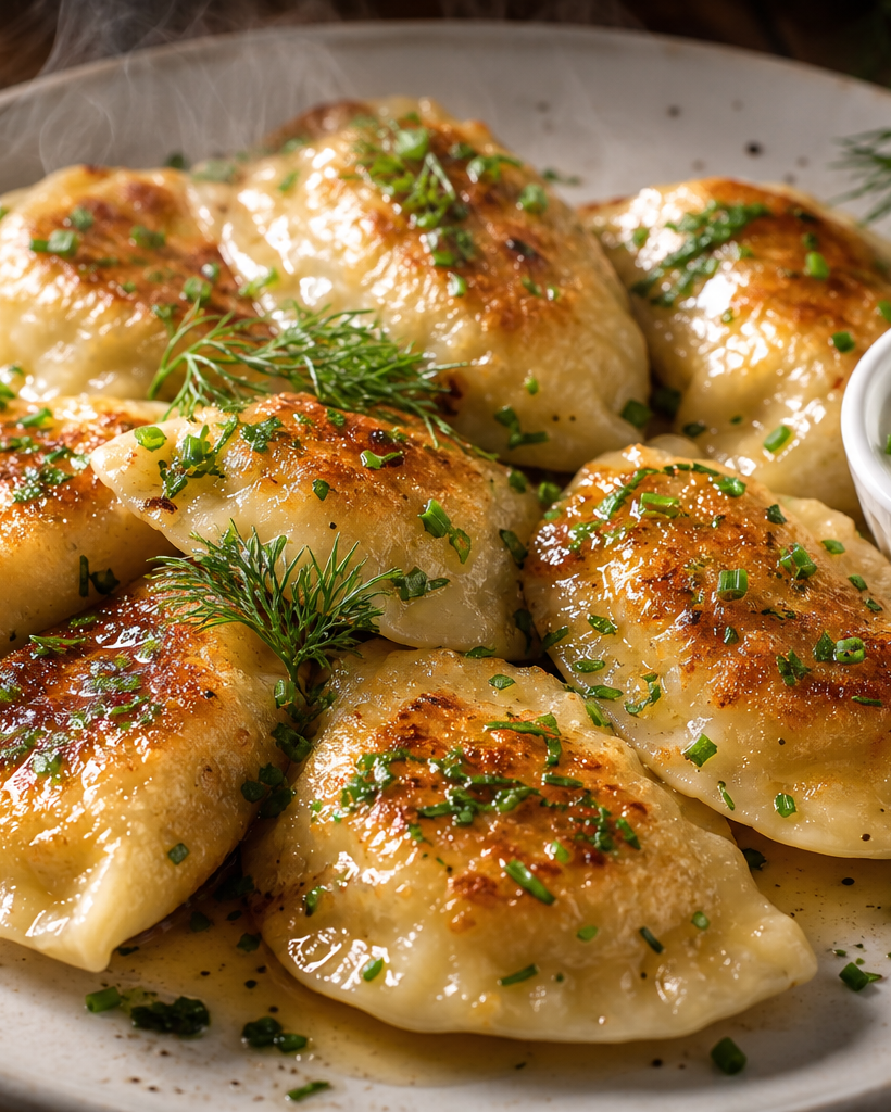 Pierogi cétogènes dorés au beurre, servis dans une assiette blanche, décorés de persil frais