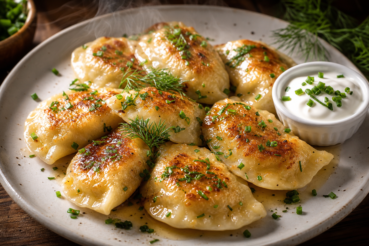 Pierogi cétogènes dorés au beurre, servis dans une assiette blanche, décorés de persil frais