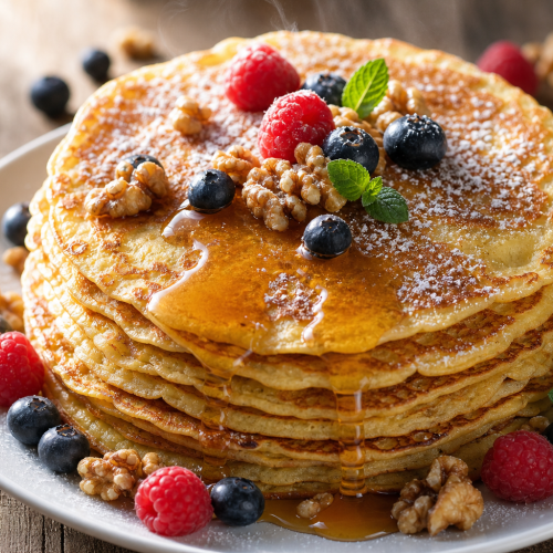 Pile de crêpes dorées à la farine d'amande, garnies de fruits rouges et de noix, sur une assiette blanche