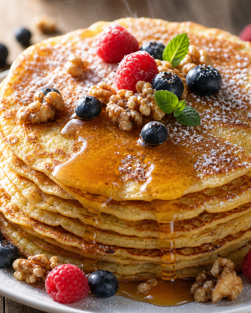 Pile de crêpes dorées à la farine d'amande, garnies de fruits rouges et de noix, sur une assiette blanche