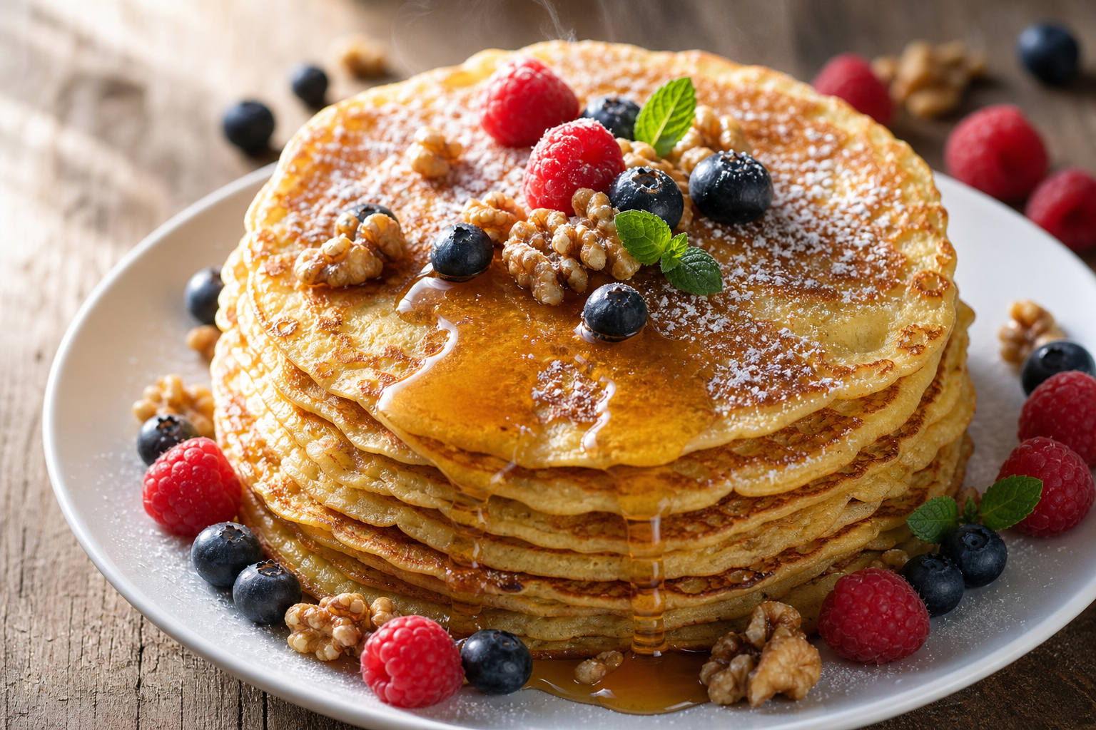 Pile de crêpes dorées à la farine d'amande, garnies de fruits rouges et de noix, sur une assiette blanche