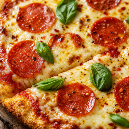 Pizza cétogène avec pâte dorée, sauce tomate, mozzarella fondue et pepperoni, sur une planche en bois en lumière naturelle