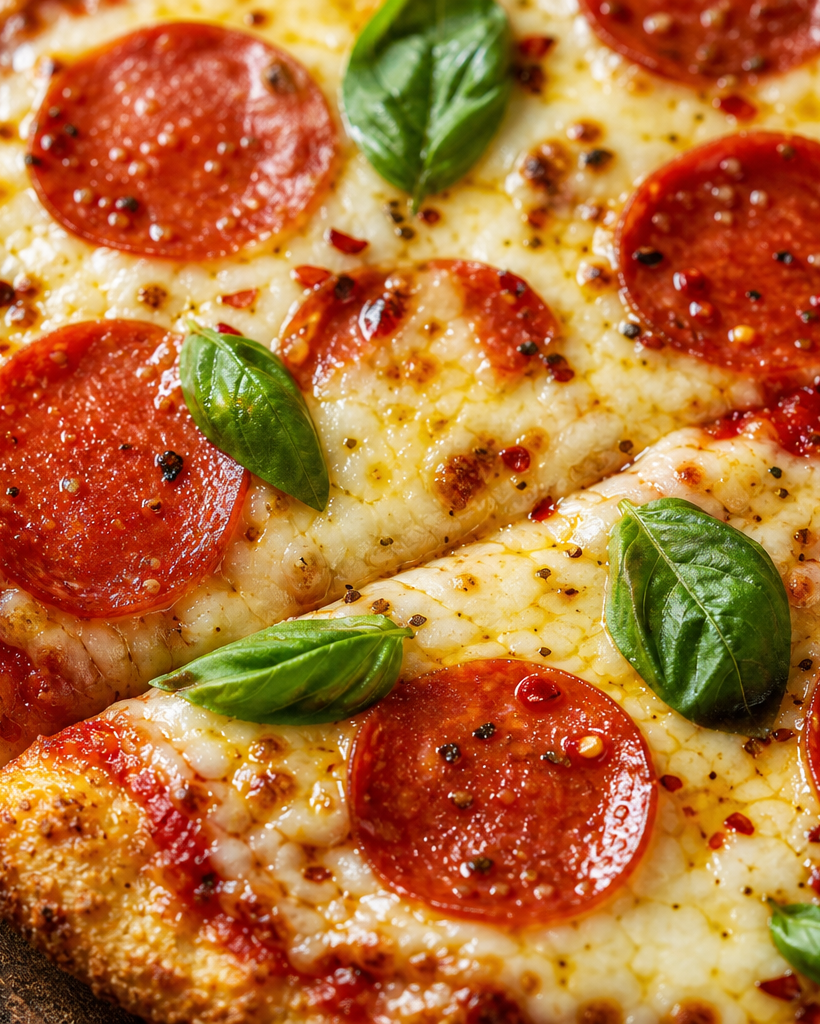 Pizza cétogène avec pâte dorée, sauce tomate, mozzarella fondue et pepperoni, sur une planche en bois en lumière naturelle