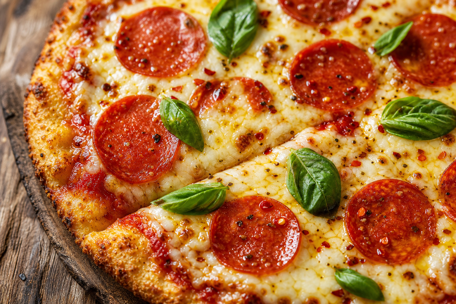 Pizza cétogène avec pâte dorée, sauce tomate, mozzarella fondue et pepperoni, sur une planche en bois en lumière naturelle