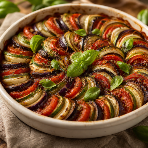 Ratatouille au four avec tomates, courgettes, aubergines et oignons en spirale, dans un plat à gratin blanc, sur fond de