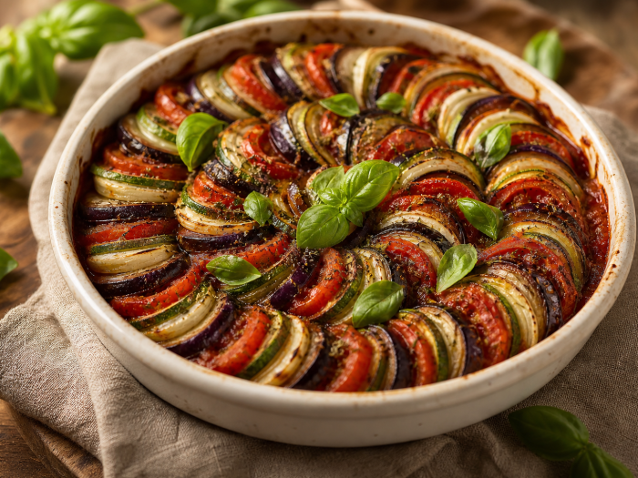 Ratatouille au four avec tomates, courgettes, aubergines et oignons en spirale, dans un plat à gratin blanc, sur fond de