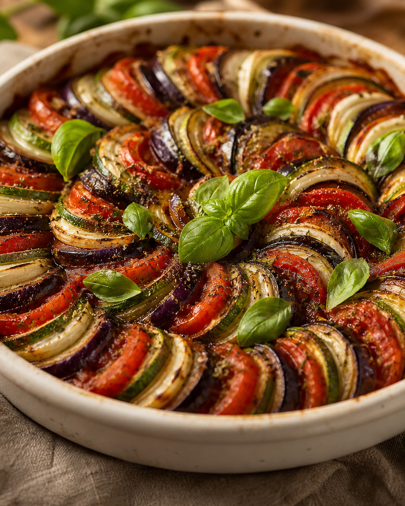 Ratatouille au four avec tomates, courgettes, aubergines et oignons en spirale, dans un plat à gratin blanc, sur fond de